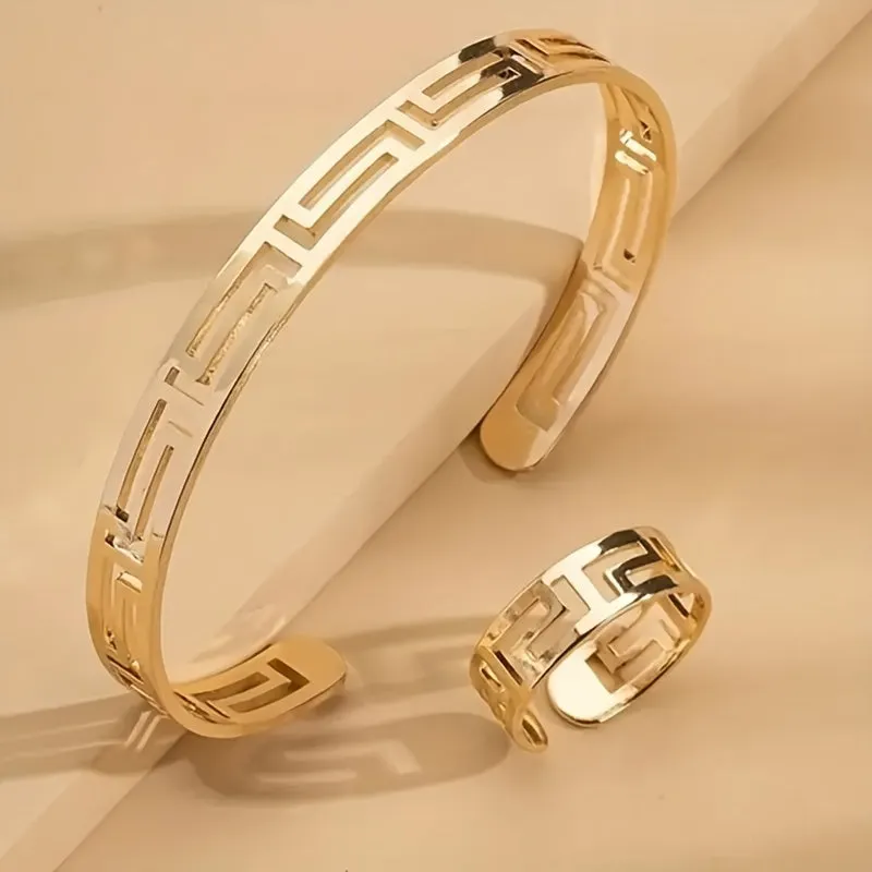 1 Ring   1 Bangle Minimalist Style Jewelry Set Chic Hollow Design
