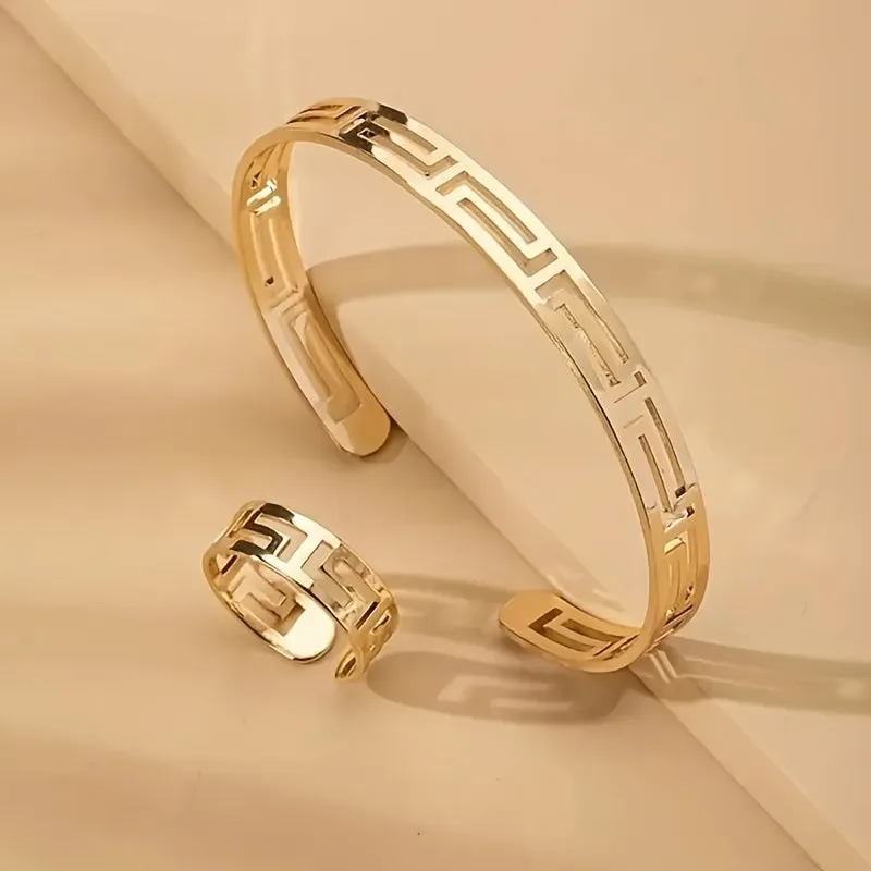 1 Ring   1 Bangle Minimalist Style Jewelry Set Chic Hollow Design