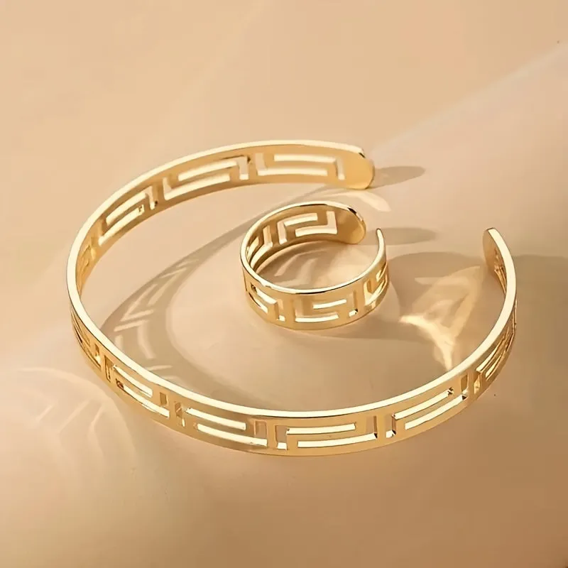 1 Ring   1 Bangle Minimalist Style Jewelry Set Chic Hollow Design