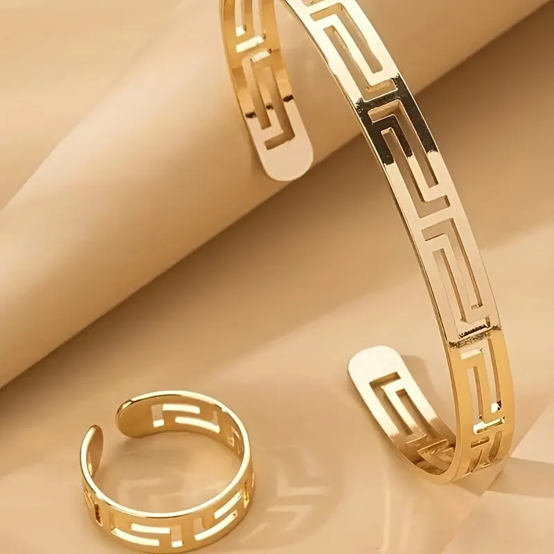 1 Ring   1 Bangle Minimalist Style Jewelry Set Chic Hollow Design