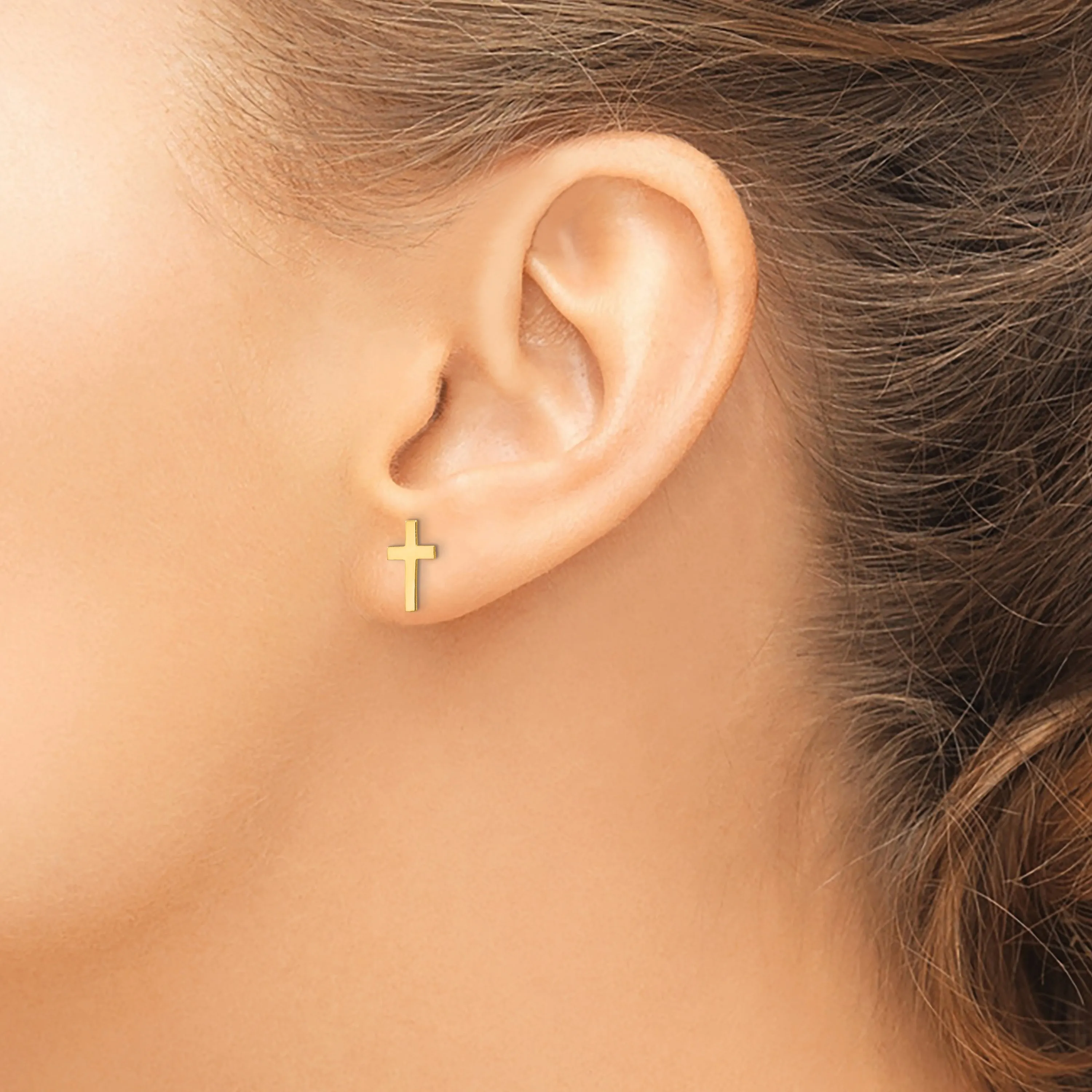 14K Gold Unisex Polished Cross Earrings Elegant Design
