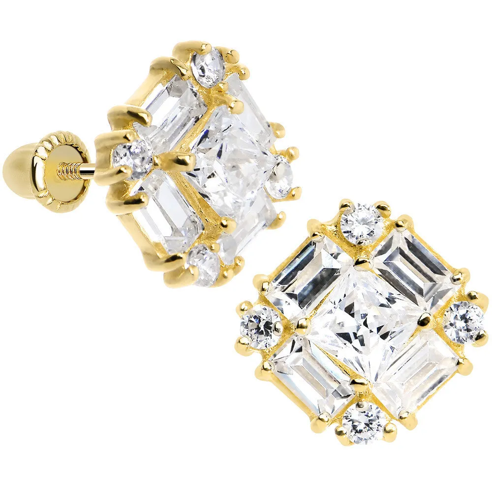 14KT Yellow Gold Elegant CZ Square Youth Screwback Earrings