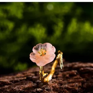 18k Gold Rain Pink Flower Ring for Her Crystal Jewelry
