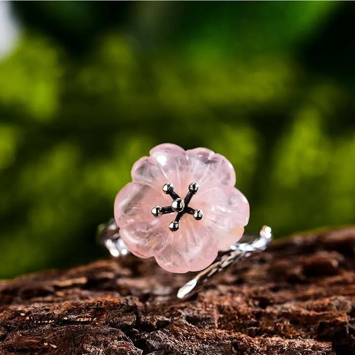 18k Gold Rain Pink Flower Ring for Her Crystal Jewelry