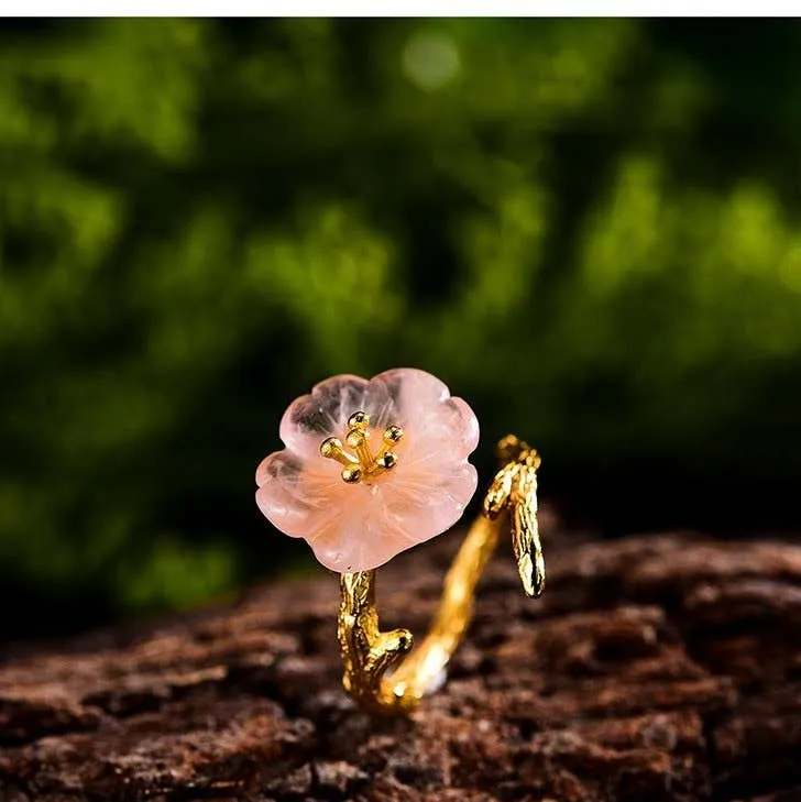 18k Gold Rain Pink Flower Ring for Her Crystal Jewelry