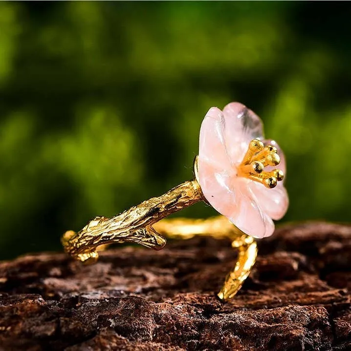 18k Gold Rain Pink Flower Ring for Her Crystal Jewelry