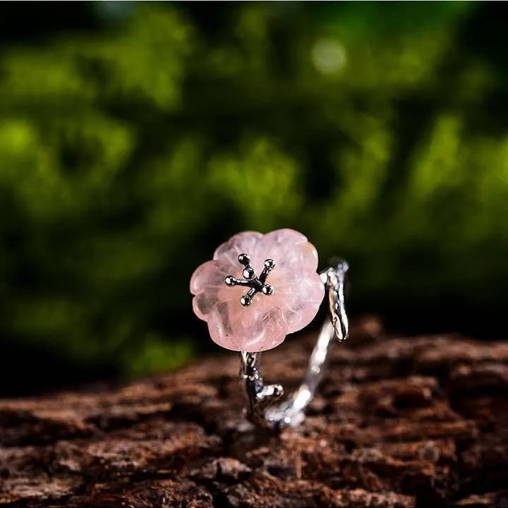 18k Gold Rain Pink Flower Ring for Her Crystal Jewelry