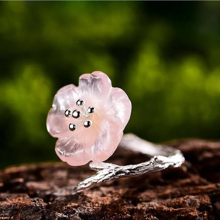 18k Gold Rain Pink Flower Ring for Her Crystal Jewelry