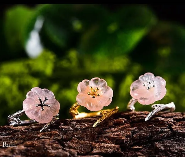 18k Gold Rain Pink Flower Ring for Her Crystal Jewelry