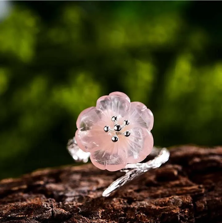 18k Gold Rain Pink Flower Ring for Her Crystal Jewelry