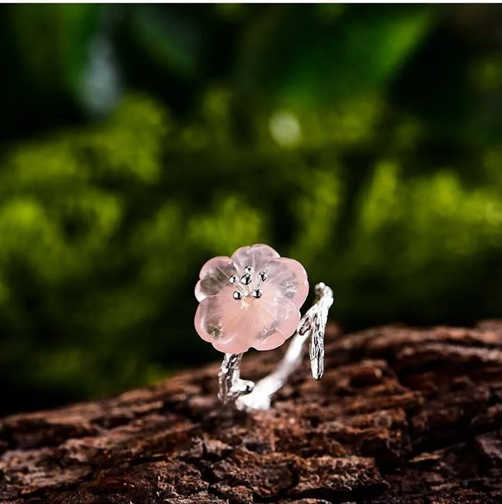 18k Gold Rain Pink Flower Ring for Her Crystal Jewelry