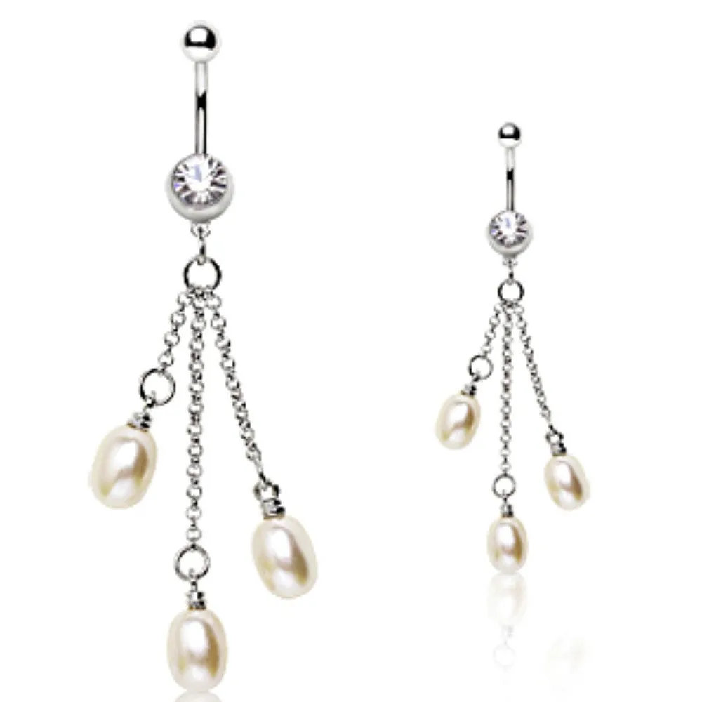 316L Surgical Steel Navel Ring with Three Chained Inspired Pearls