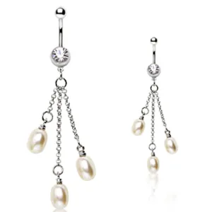 316L Surgical Steel Navel Ring with Three Chained Inspired Pearls