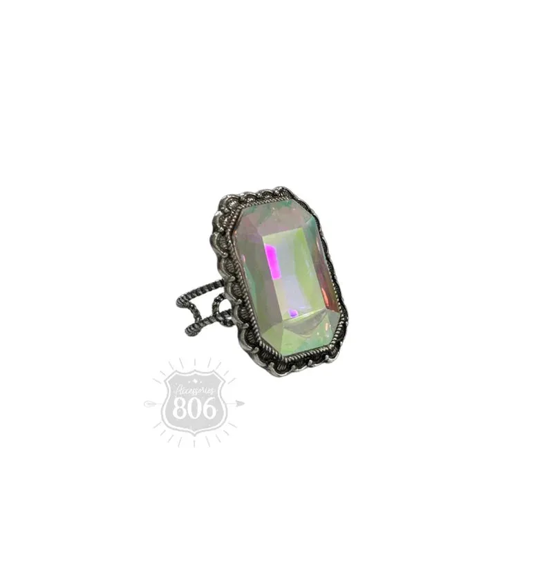 806 by Pink Panache Hexagon Rhinestone Ring in Antique Silver