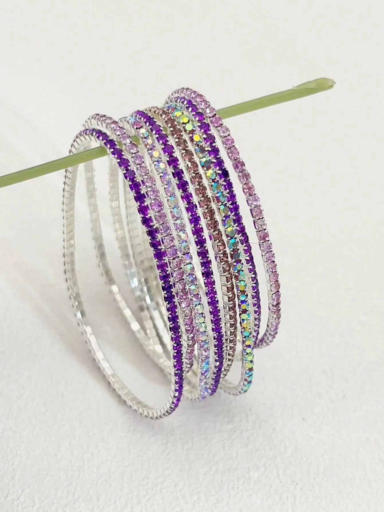8pcs Purple Tone Stretchable Bracelets Decorated With Shining Rhinestones