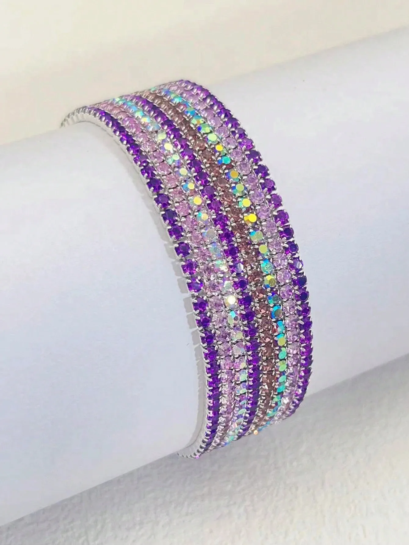 8pcs Purple Tone Stretchable Bracelets Decorated With Shining Rhinestones