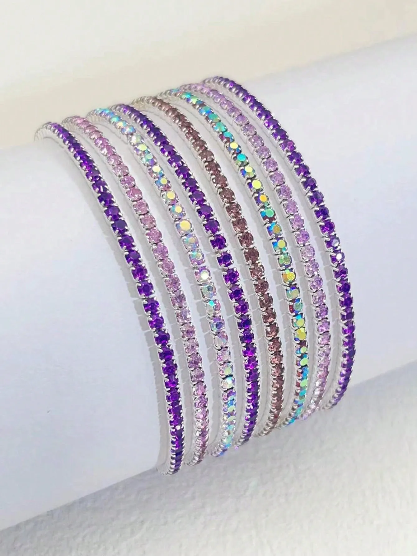 8pcs Purple Tone Stretchable Bracelets Decorated With Shining Rhinestones