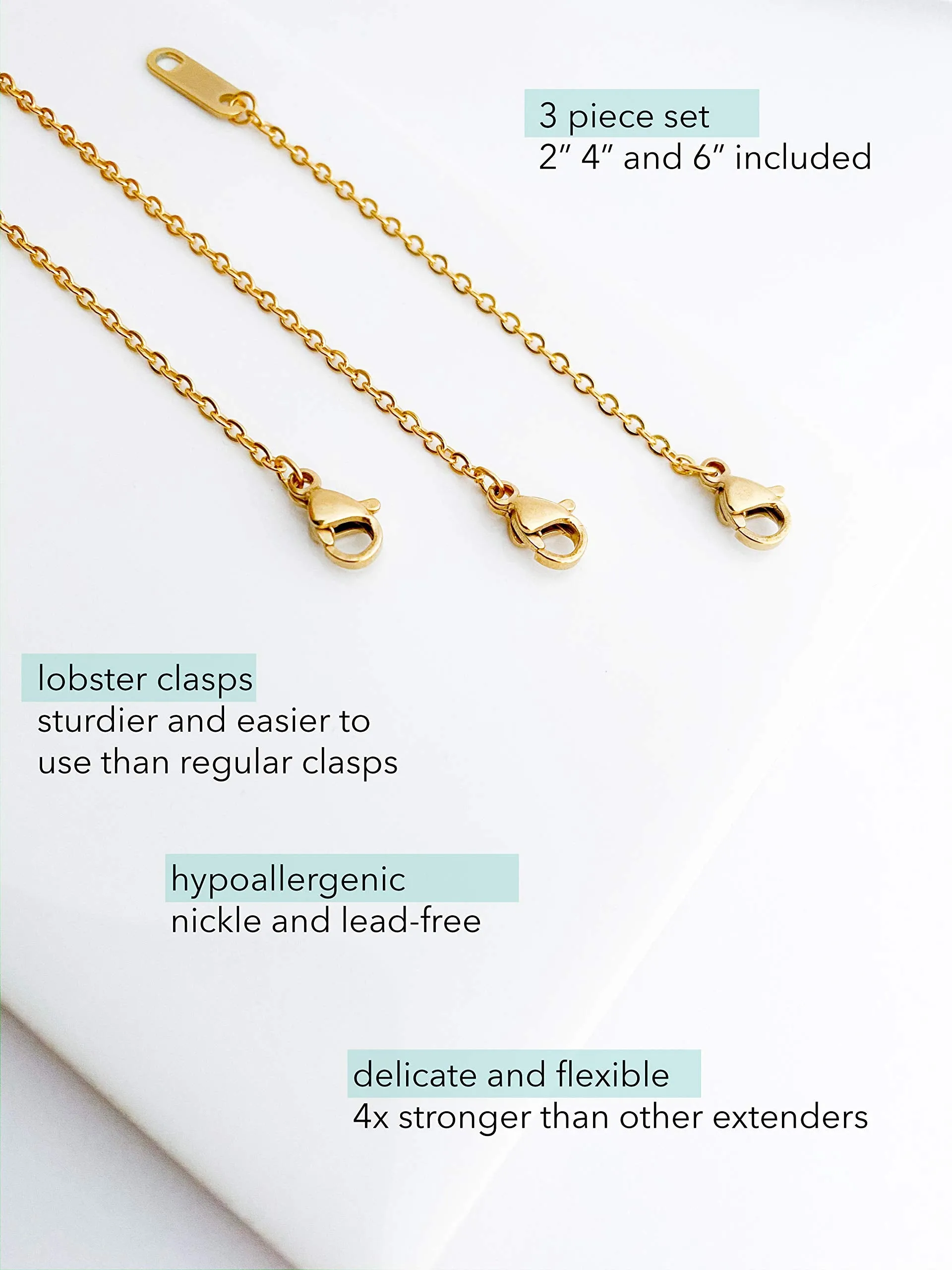 Altitude Boutique 18k Gold Plated Necklace Extenders Delicate Necklace Extender Chain Set for Women 3 Piece Set, Extensions 2", 4", 6" Inches Hypoallergenic in Gold, Rose Gold, or Silver