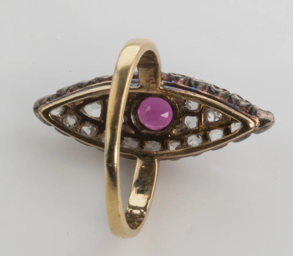 Antique Georgian rose gold Burmese ruby and diamond navette ring. j-rgfn183