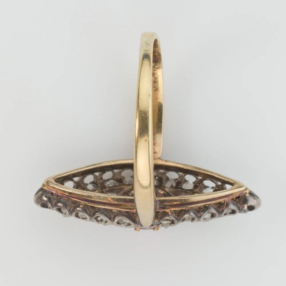 Antique Georgian rose gold Burmese ruby and diamond navette ring. j-rgfn183