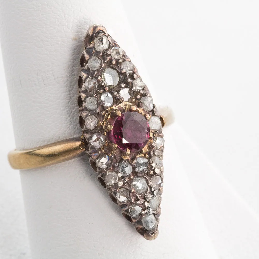 Antique Georgian rose gold Burmese ruby and diamond navette ring. j-rgfn183