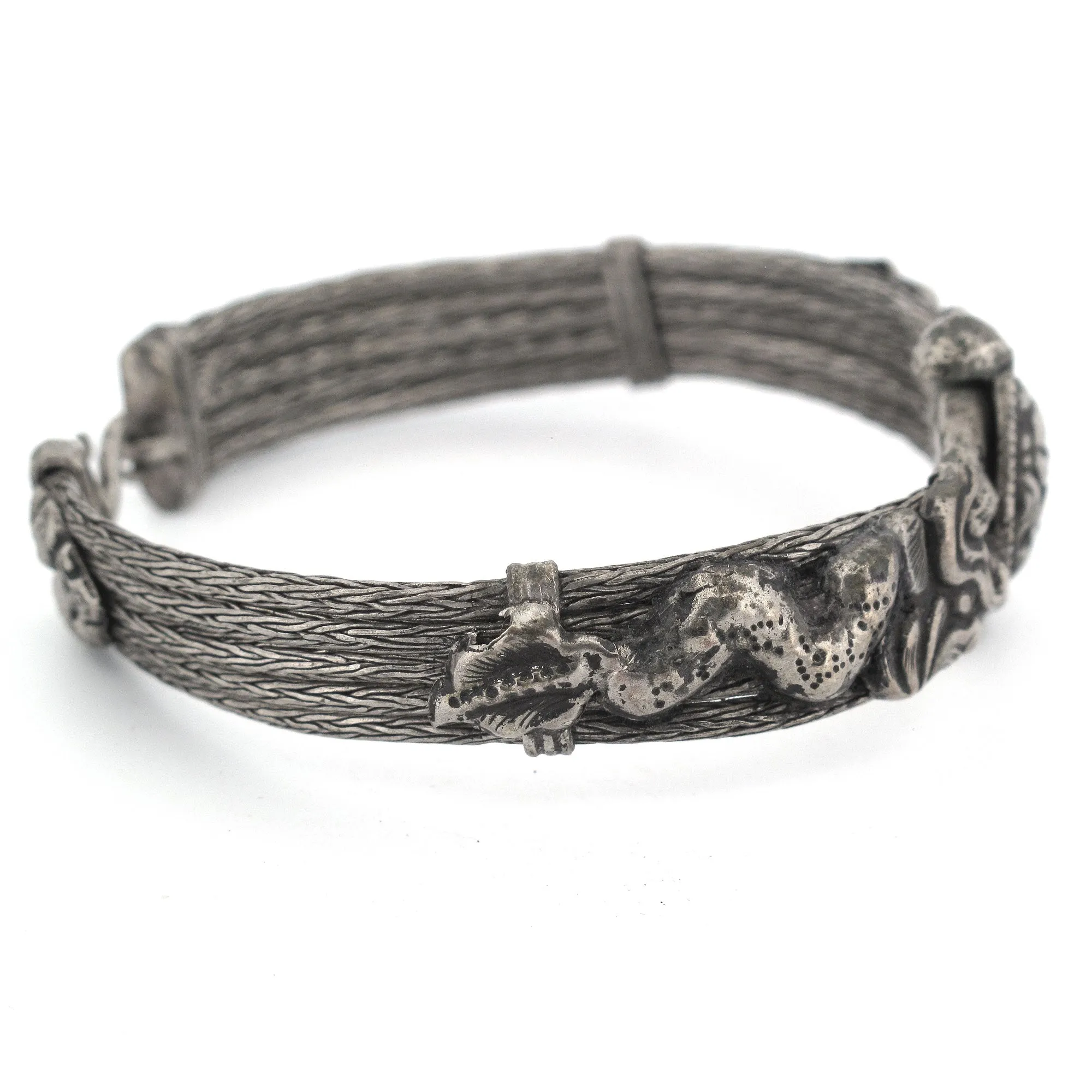 Antique Snake Chain Dragon Bracelet, coin silver. India. j-brvs986
