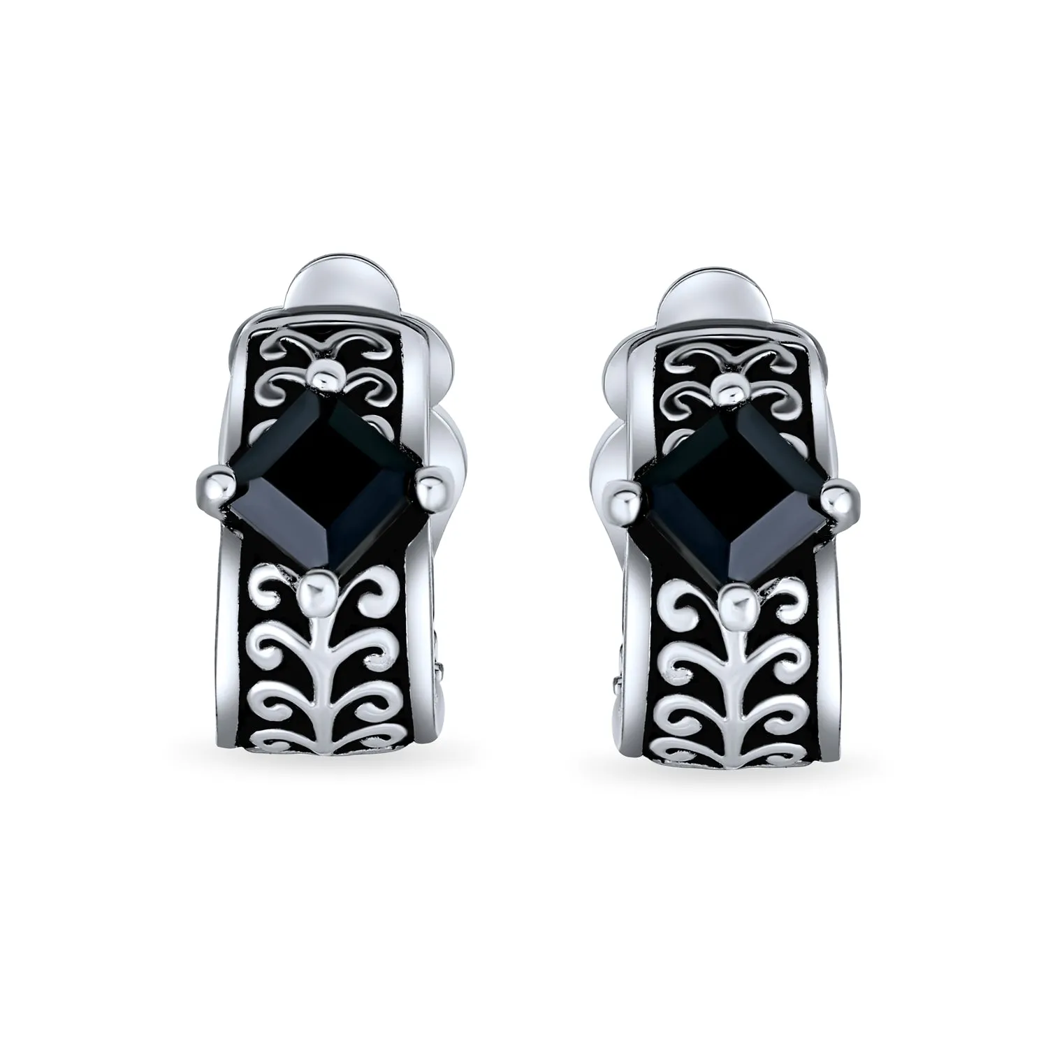 Bali Black Crystal Vines Scroll Half Hoop Clip-On Earrings Non-Pierced Ears