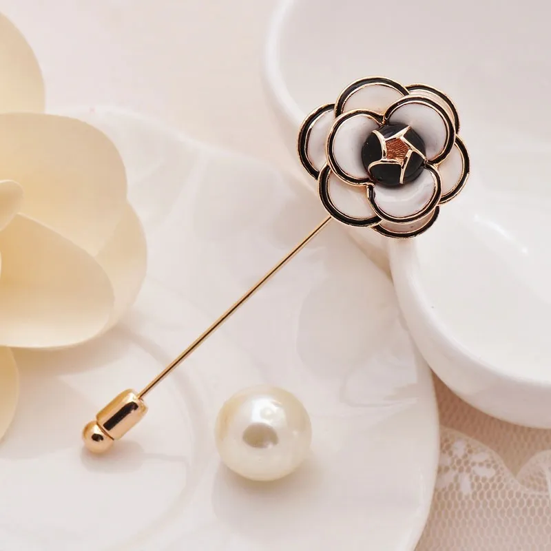 Camellia pin brooch Black White Flower Rose Pearl Female Brooches Accessories