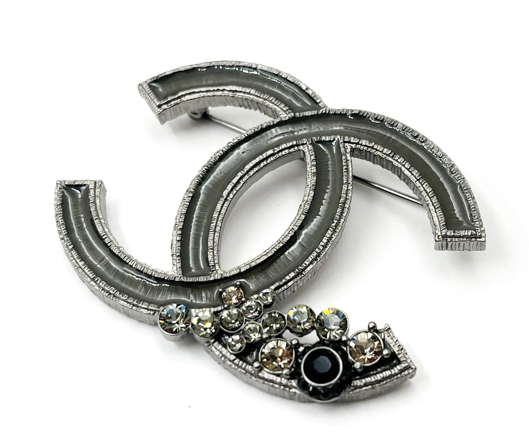 CHANEL Grey Enamel CC Corner Crystals Large Brooch