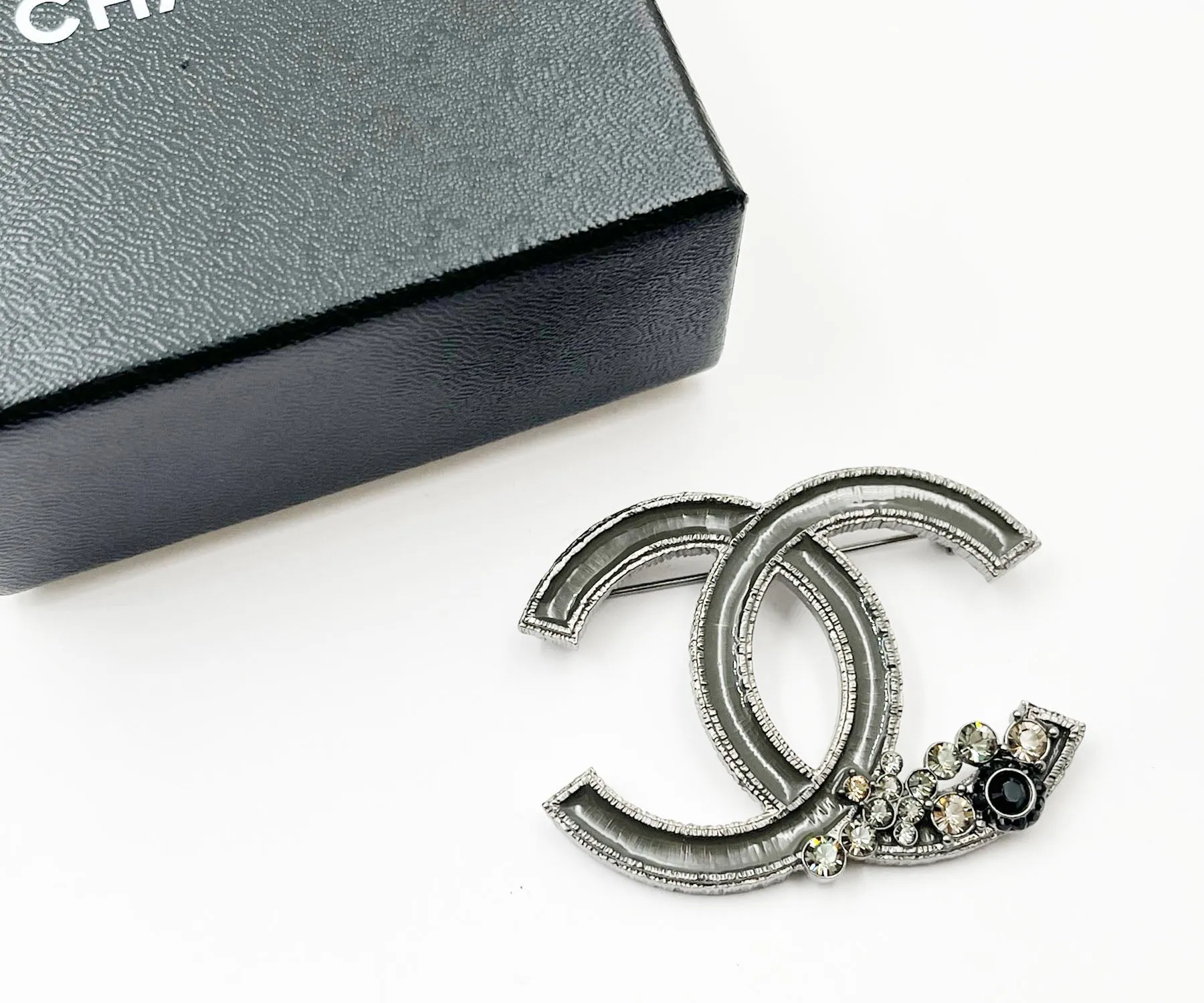 CHANEL Grey Enamel CC Corner Crystals Large Brooch