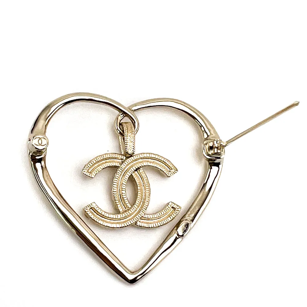 Chanel Light Gold Crystal Heart CC Brooch
