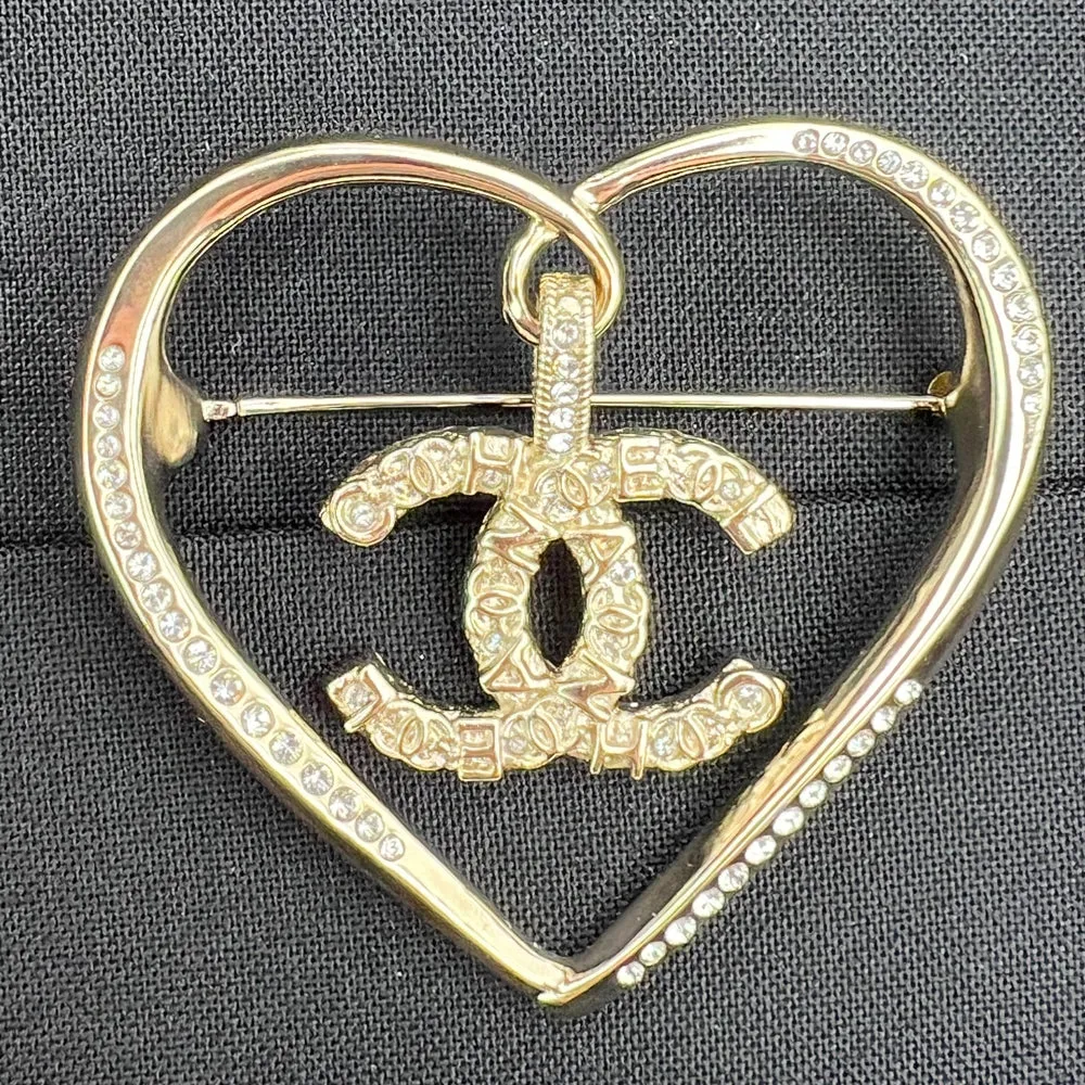 Chanel Light Gold Crystal Heart CC Brooch