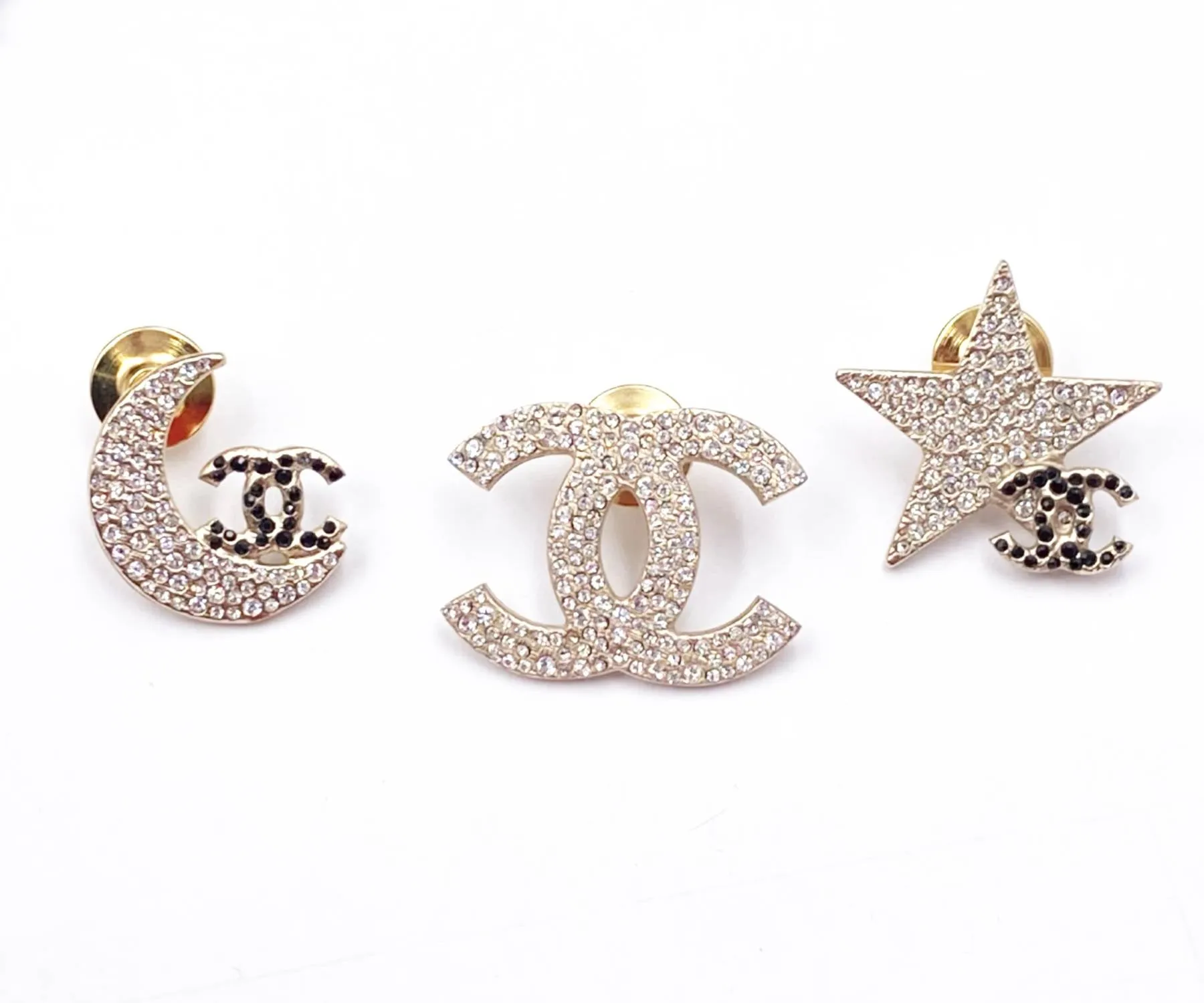 CHANEL Rare Gold CC Moon Star Black Crystal 3 Pins