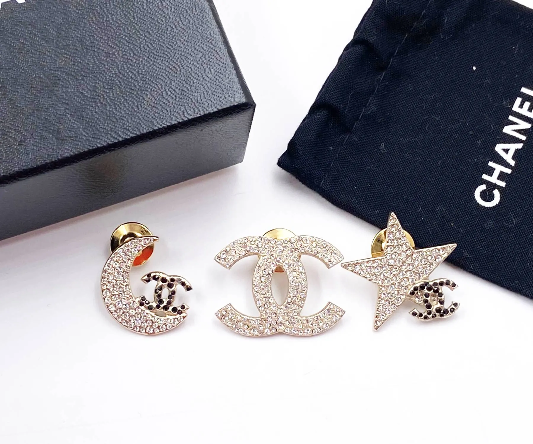 CHANEL Rare Gold CC Moon Star Black Crystal 3 Pins