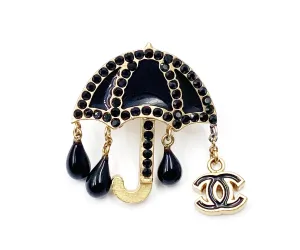 CHANEL Super Rare Vintage Gold Plated CC Umbrella Black Crystal Pin