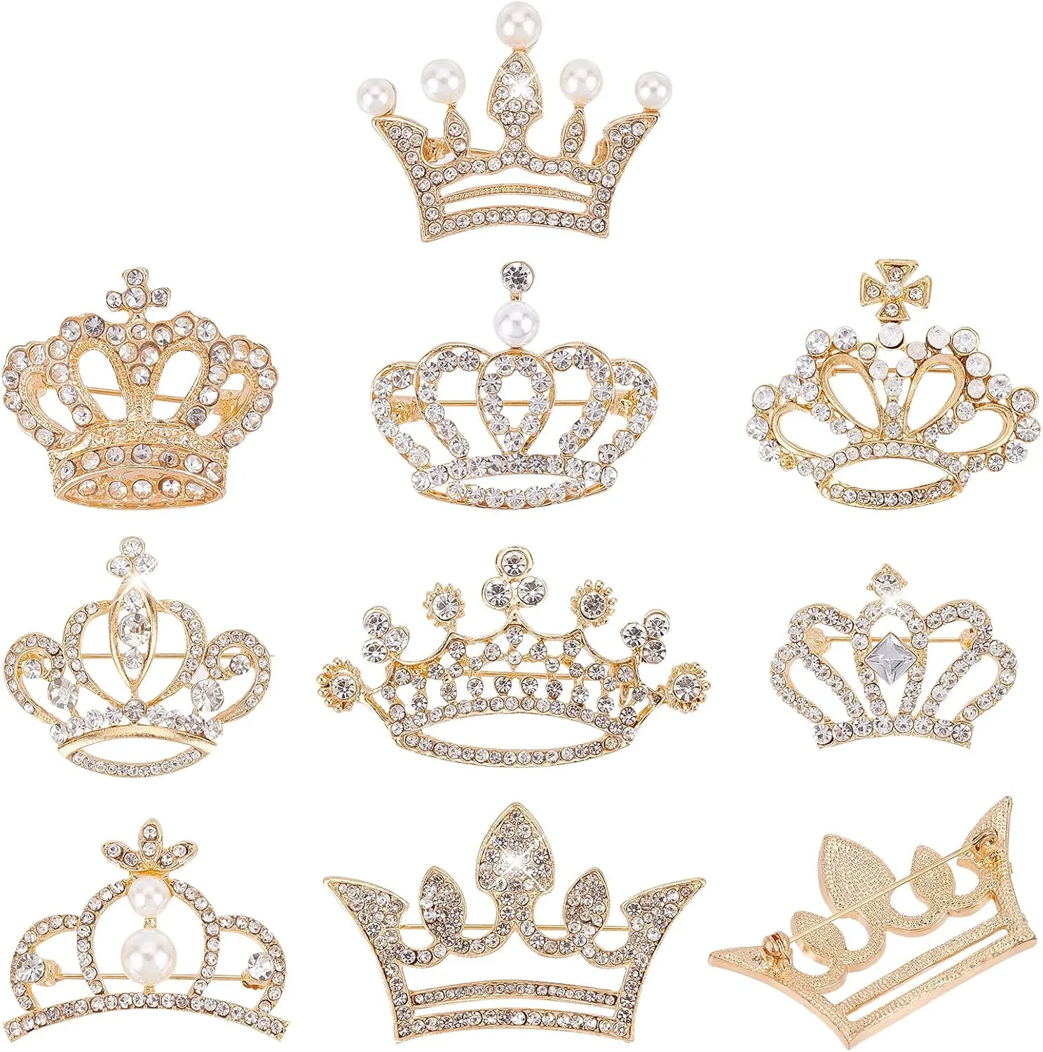 CHGCRAFT 9Pcs 9 Styles Crystal Rhinestone Crown Brooch Pin for Women Open Pave Crystal Wedding Brooch Scarf Pin Gift for Women Womens Mother Shirts Dresses, Light Gold