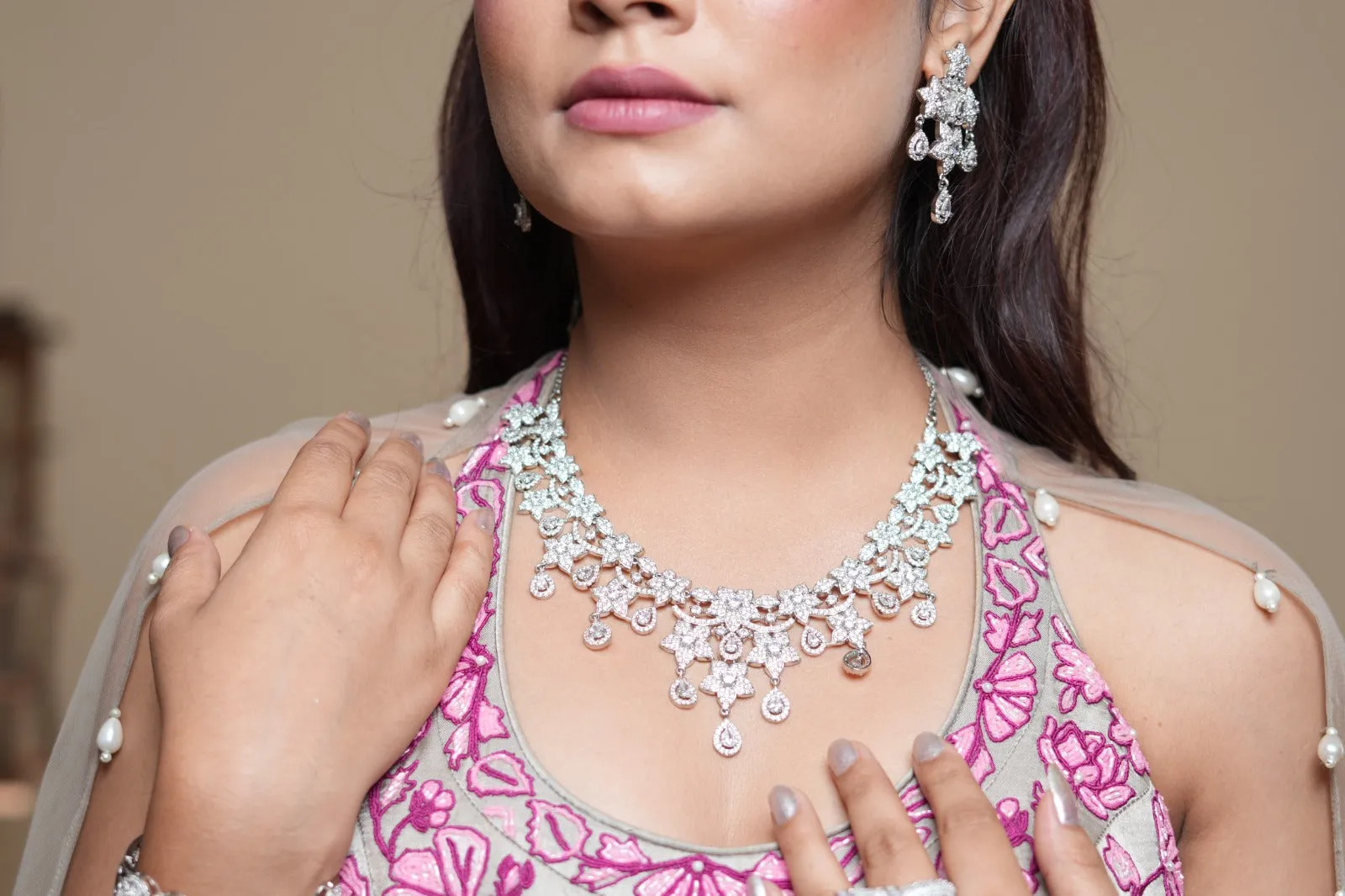 Cocktail Look American Diamond Necklace Set - With earings