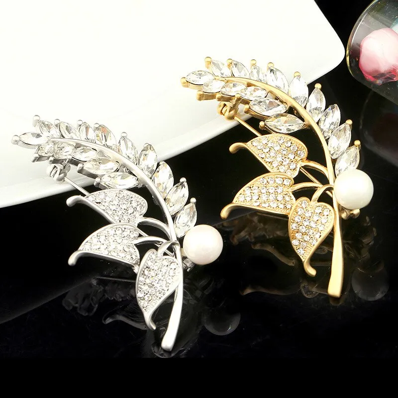 Color Rhinestone Wheat Ears Brooches For Women Elegant Plant Pin Brooch Jewelry Coat Accessories Gift Wholesale