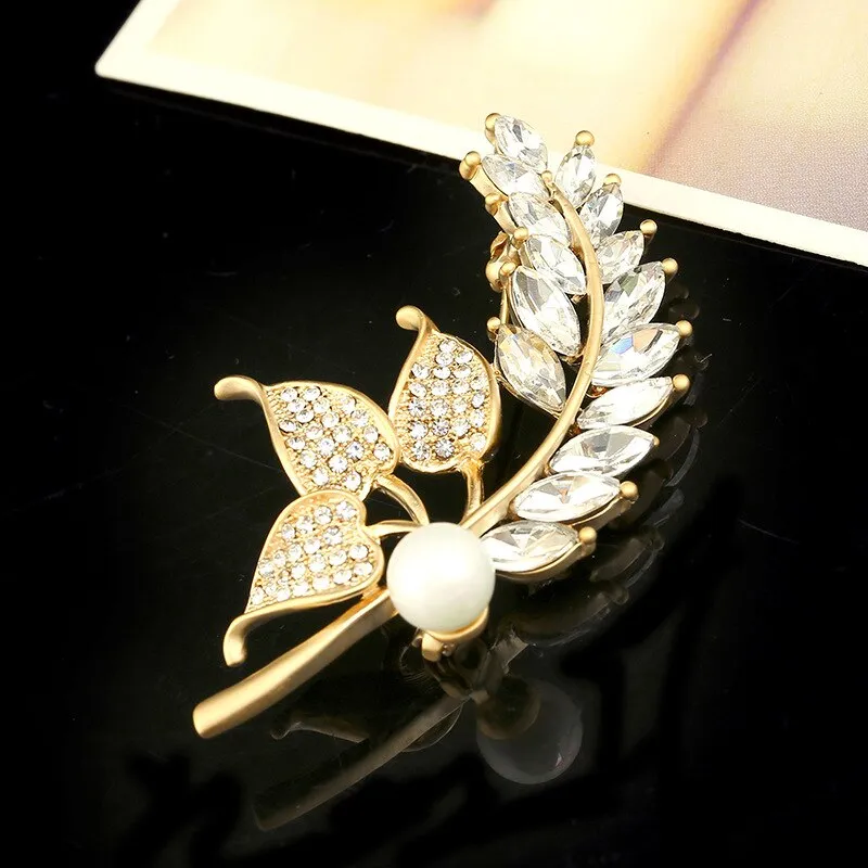 Color Rhinestone Wheat Ears Brooches For Women Elegant Plant Pin Brooch Jewelry Coat Accessories Gift Wholesale