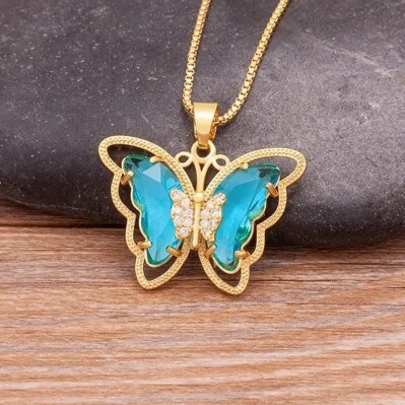 Delicate Multi-color Zircon Butterfly Pendant Necklaces