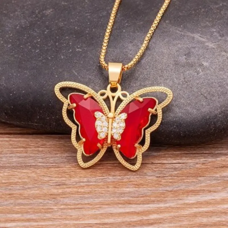 Delicate Multi-color Zircon Butterfly Pendant Necklaces