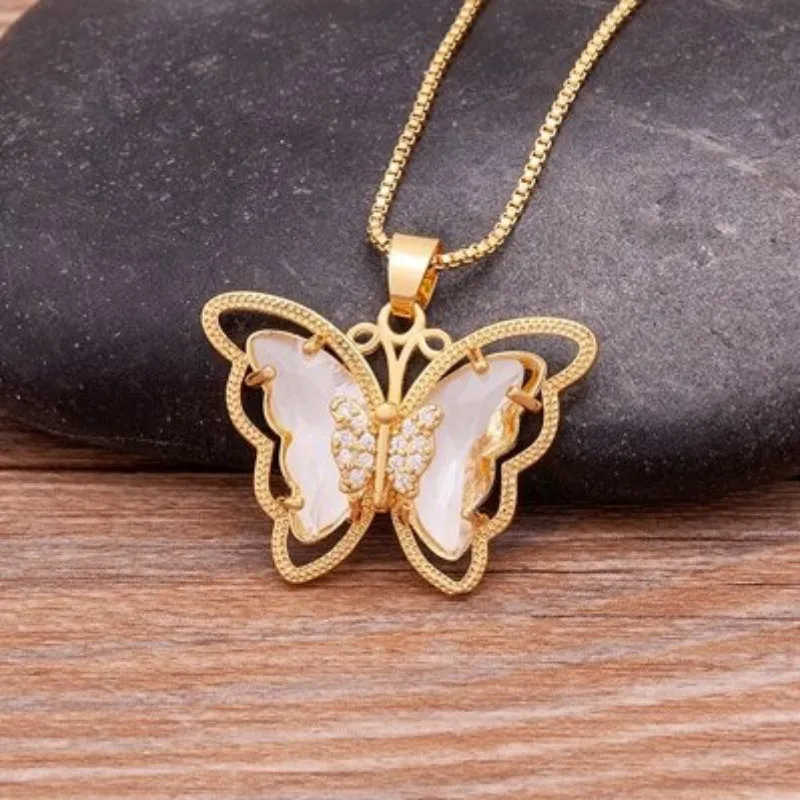Delicate Multi-color Zircon Butterfly Pendant Necklaces