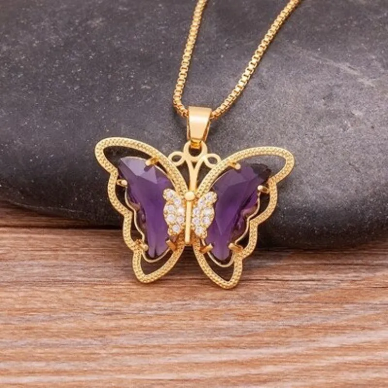 Delicate Multi-color Zircon Butterfly Pendant Necklaces