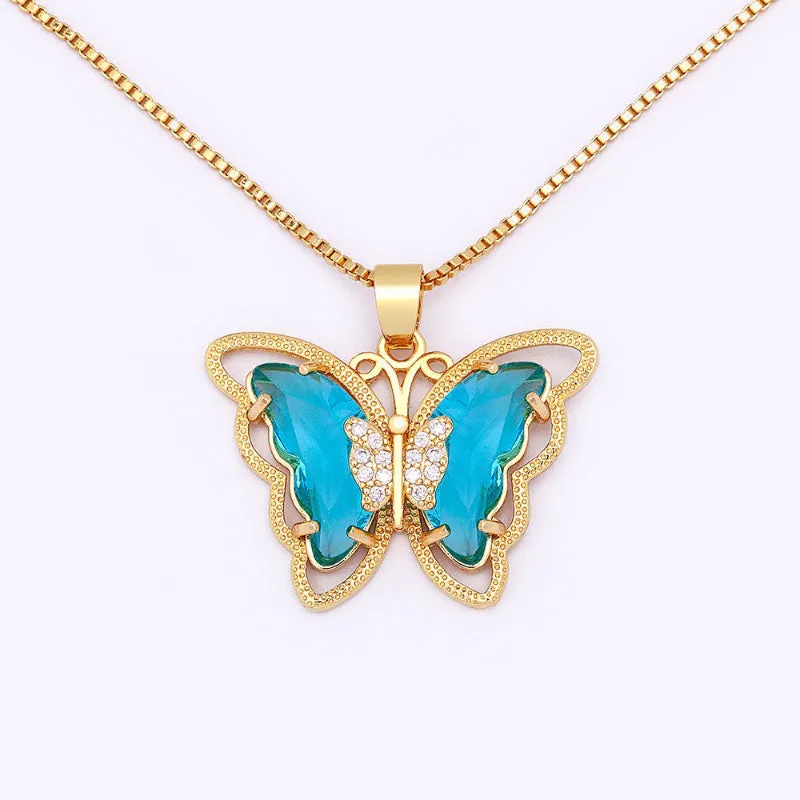 Delicate Multi-color Zircon Butterfly Pendant Necklaces