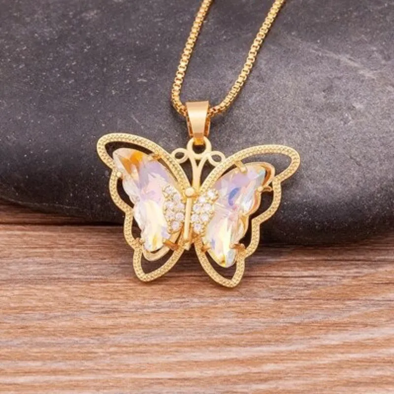 Delicate Multi-color Zircon Butterfly Pendant Necklaces