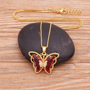 Delicate Multi-color Zircon Butterfly Pendant Necklaces