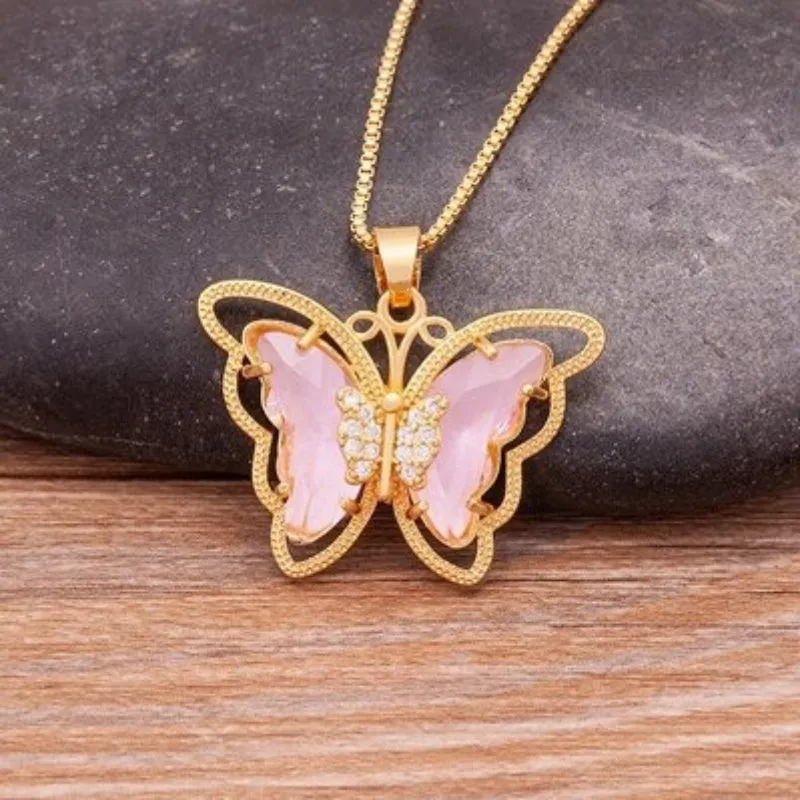 Delicate Multi-color Zircon Butterfly Pendant Necklaces