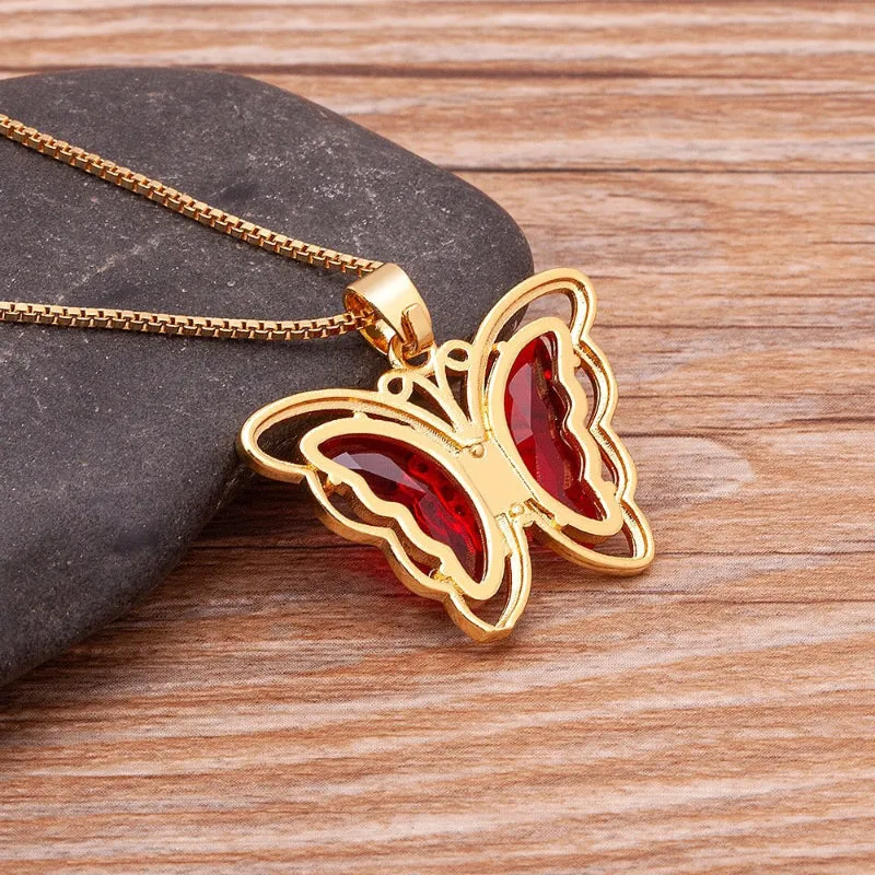 Delicate Multi-color Zircon Butterfly Pendant Necklaces