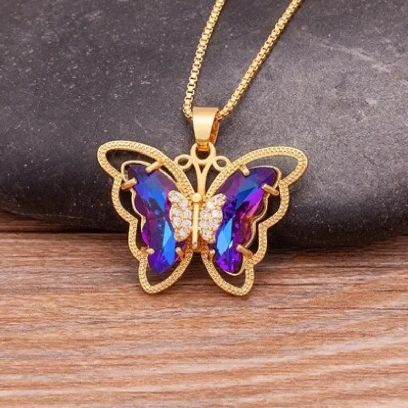 Delicate Multi-color Zircon Butterfly Pendant Necklaces