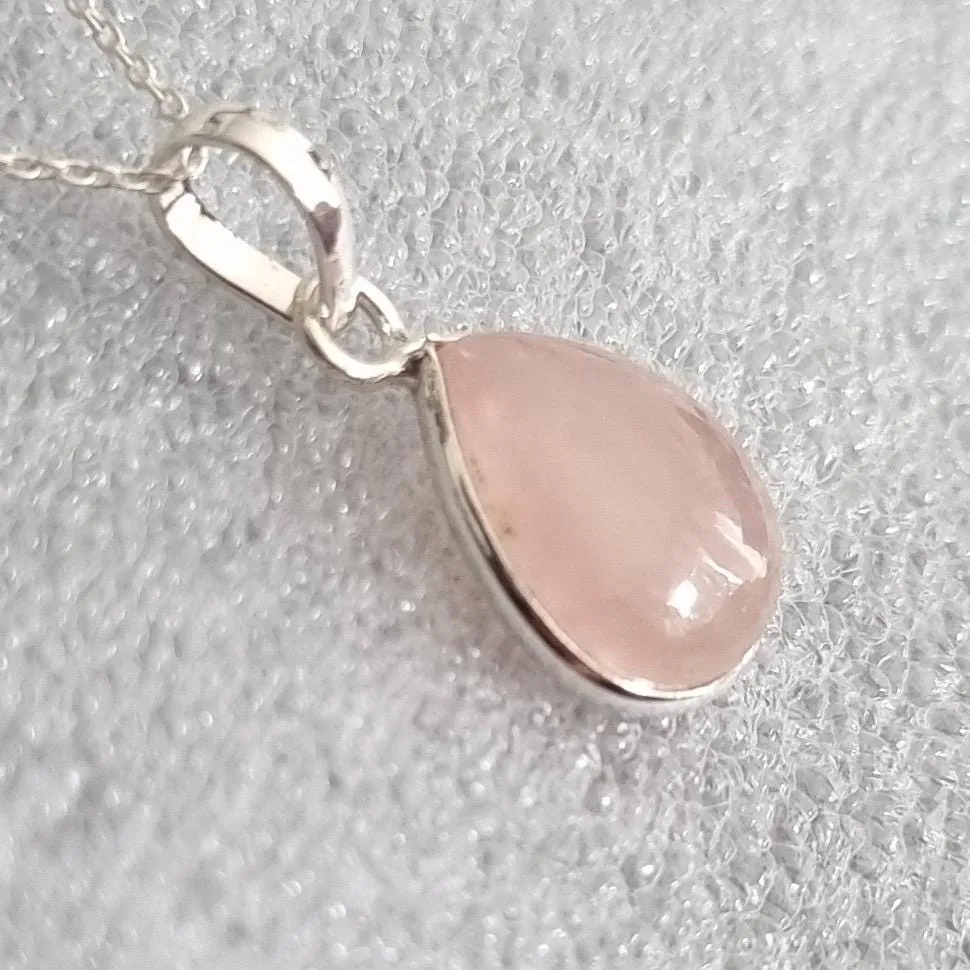 Delicate Teardrop Rose Quartz 925 Sterling Silver Pendant, P9SRQ